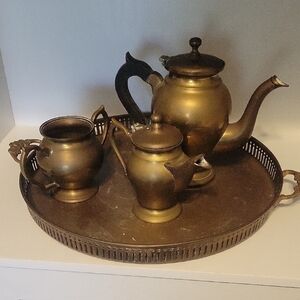 Vintage 4pc Brass Tea Set with round serving Tray